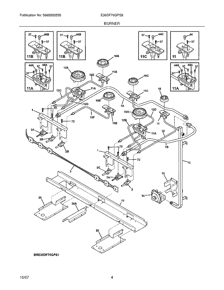 BURNER Diagram and Parts List for E36DF76GPS2  Electrolux Range