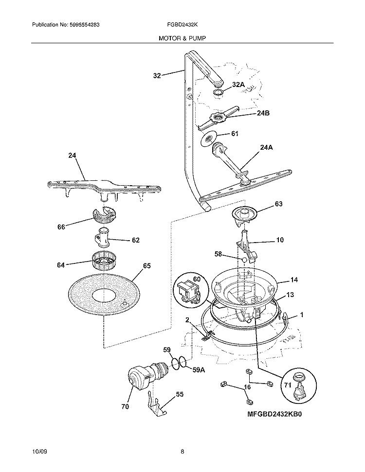 MOTOR & PUMP Diagram and Parts List for FGBD2432KF1  Frigidaire Dishwasher
