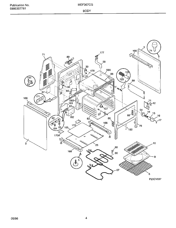 BODY Diagram and Parts List for MEF367CGB1  Frigidaire Wall Oven