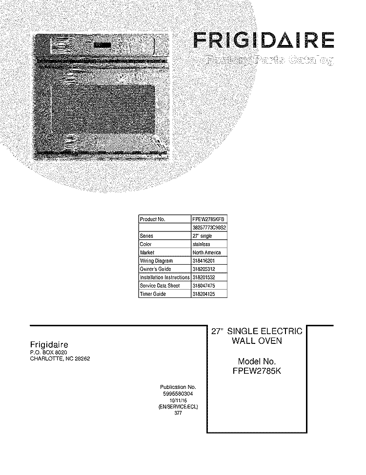 COVER Diagram and Parts List for FPEW2785KFB  Frigidaire Wall Oven