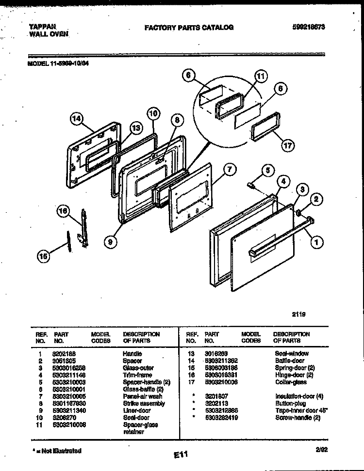 DOOR PARTS Diagram and Parts List for 11-5969-00-04  Tappan Wall Oven