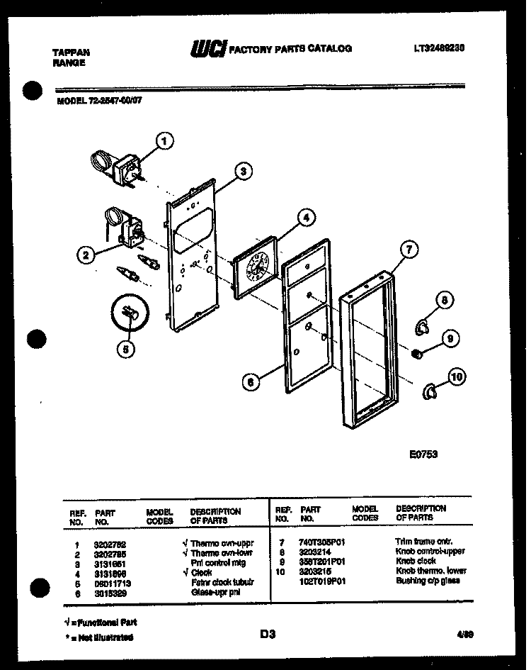 CONTROL PANEL Diagram and Parts List for 72-2547-00-07  Tappan Range