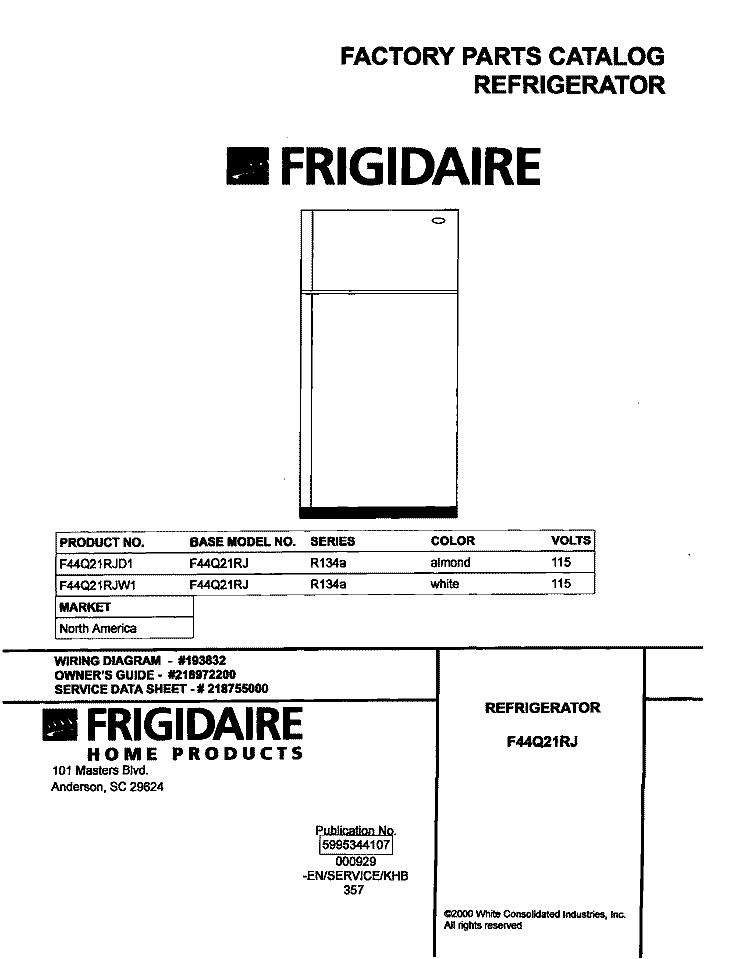 COVER Diagram and Parts List for F44Q21RJD1  Frigidaire Refrigerator