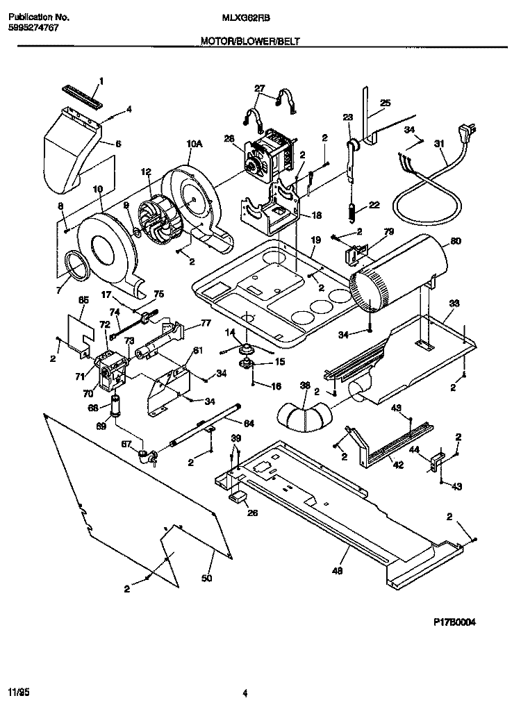 MOTOR / BLOWER / BELT Diagram and Parts List for MLXG62RBW2  Frigidaire Washer Dryer Combo