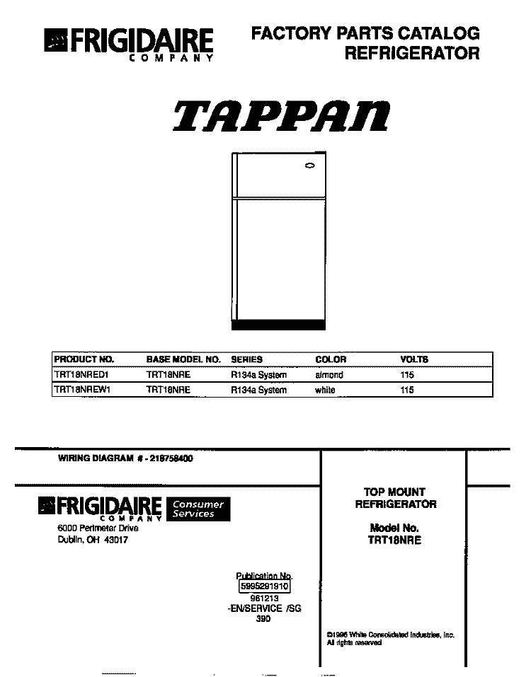 COVER Diagram and Parts List for TRT18NREW1  Tappan Refrigerator