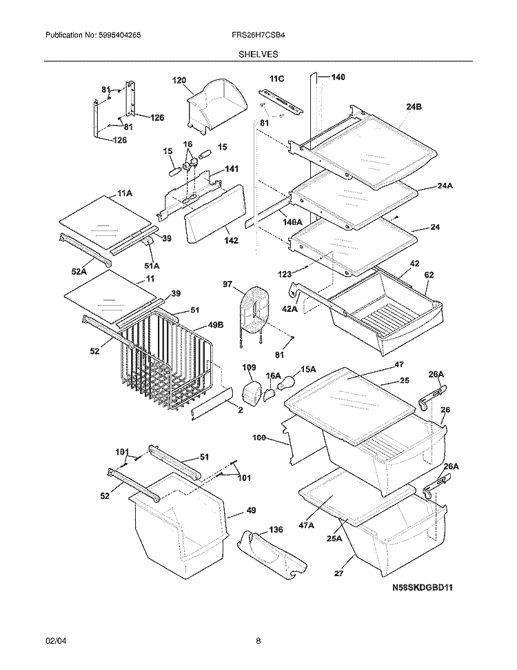 SHELVES Diagram and Parts List for FRS26H7CSB4  Frigidaire Refrigerator