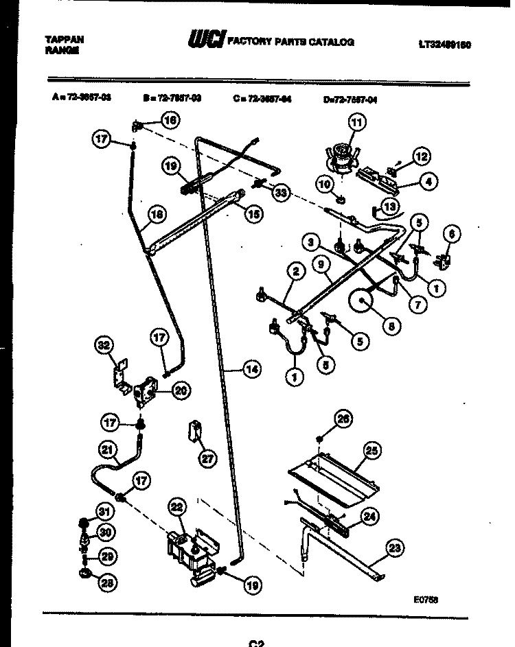 BURNER, MANIFOLD AND GAS CONTROL Diagram and Parts List for 72-3657-00-04  Tappan Range