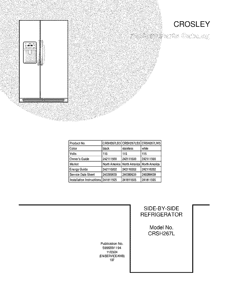 COVER Diagram and Parts List for CRSH267LB3  Frigidaire Refrigerator