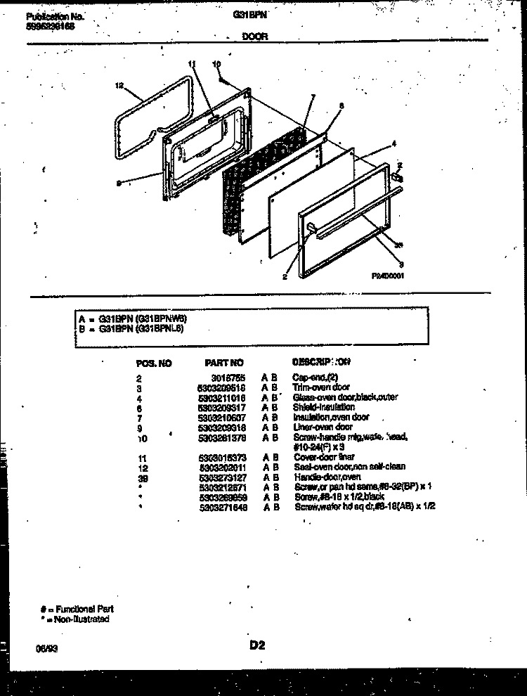 DOOR PARTS Diagram and Parts List for G31BPNW6  Frigidaire Range