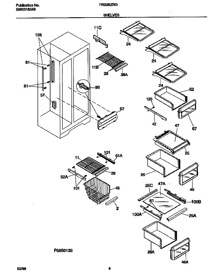 SHELVES Diagram and Parts List for FRS26ZRGW5  Frigidaire Refrigerator