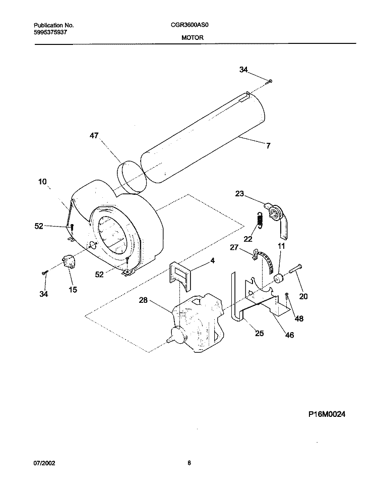 MOTOR, BLOWER Diagram and Parts List for CGR3600AS0  Frigidaire Dryer