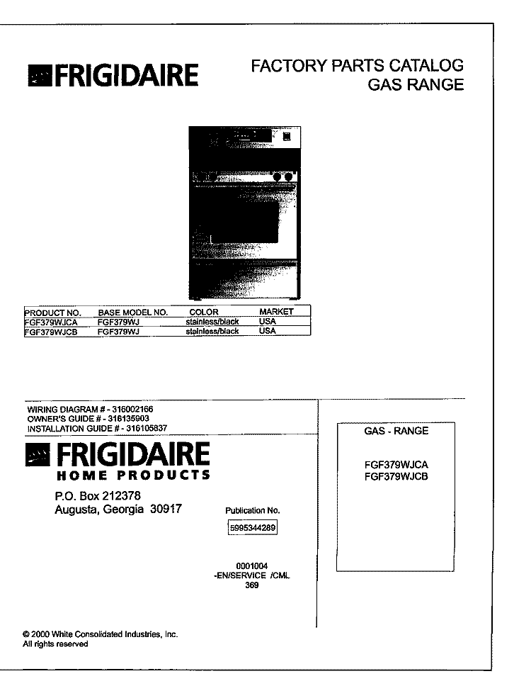 COVER Diagram and Parts List for FGF379WJCA  Frigidaire Range