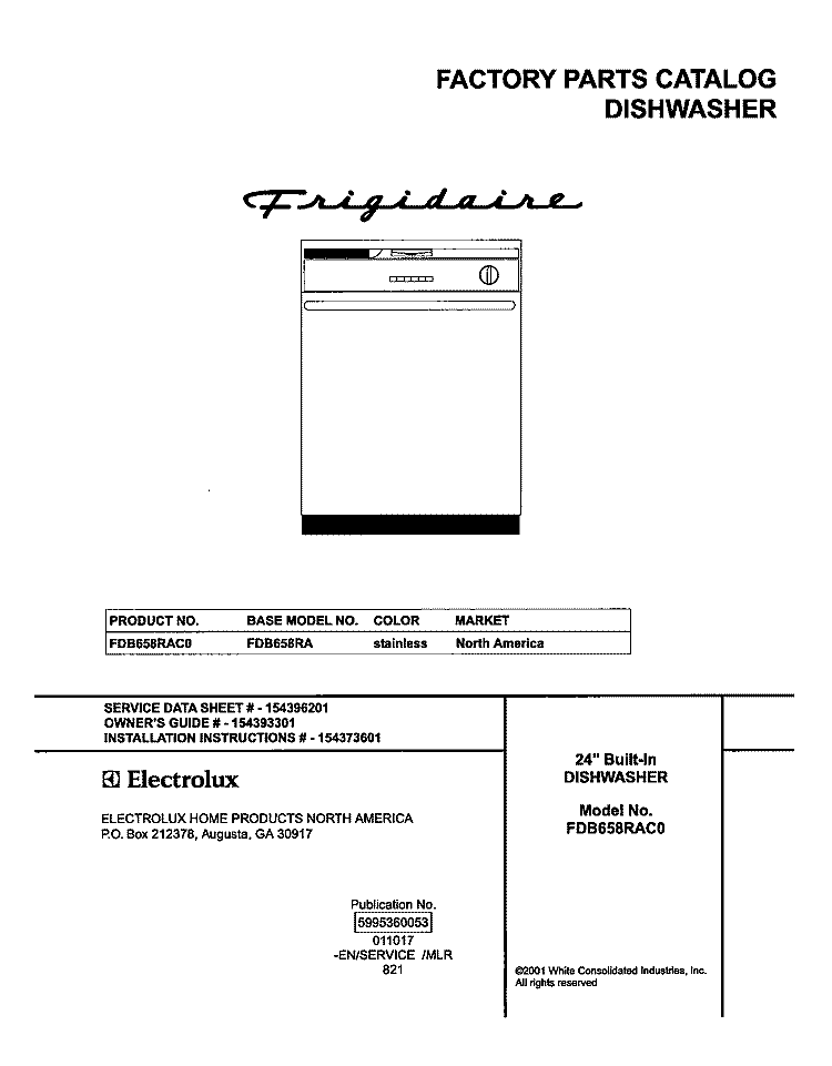 COVER Diagram and Parts List for FDB658RAC0  Frigidaire Dishwasher