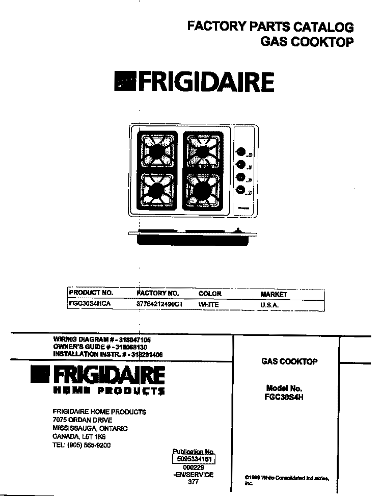 COVER Diagram and Parts List for FGC30S4HCA  Frigidaire Cooktop