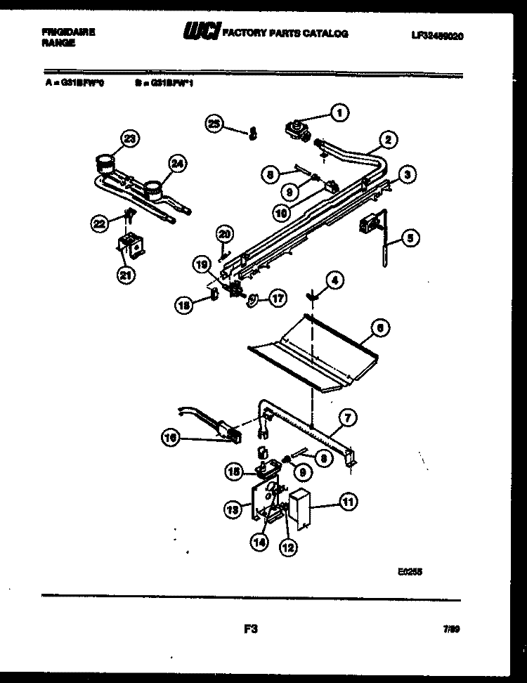 BURNER, MANIFOLD AND GAS CONTROL Diagram and Parts List for G31BFW1  Frigidaire Range