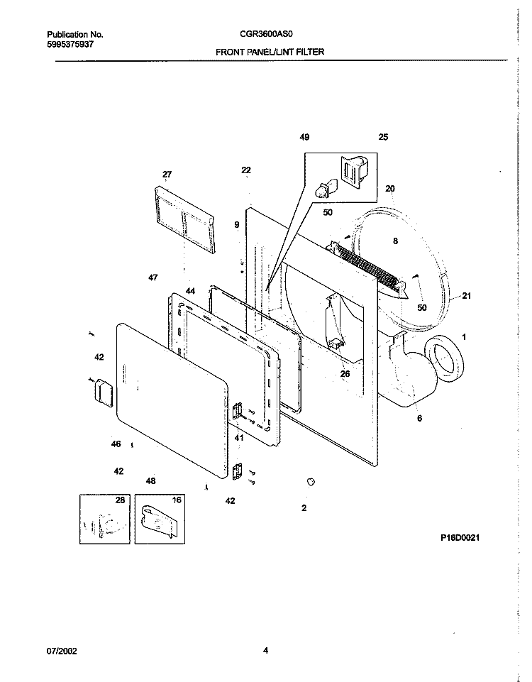 FRNT PNL, DOOR Diagram and Parts List for CGR3600AS0  Frigidaire Dryer
