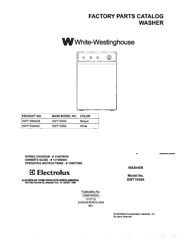 COVER Diagram and Parts List for SWT1549AS0  Westinghouse Washer
