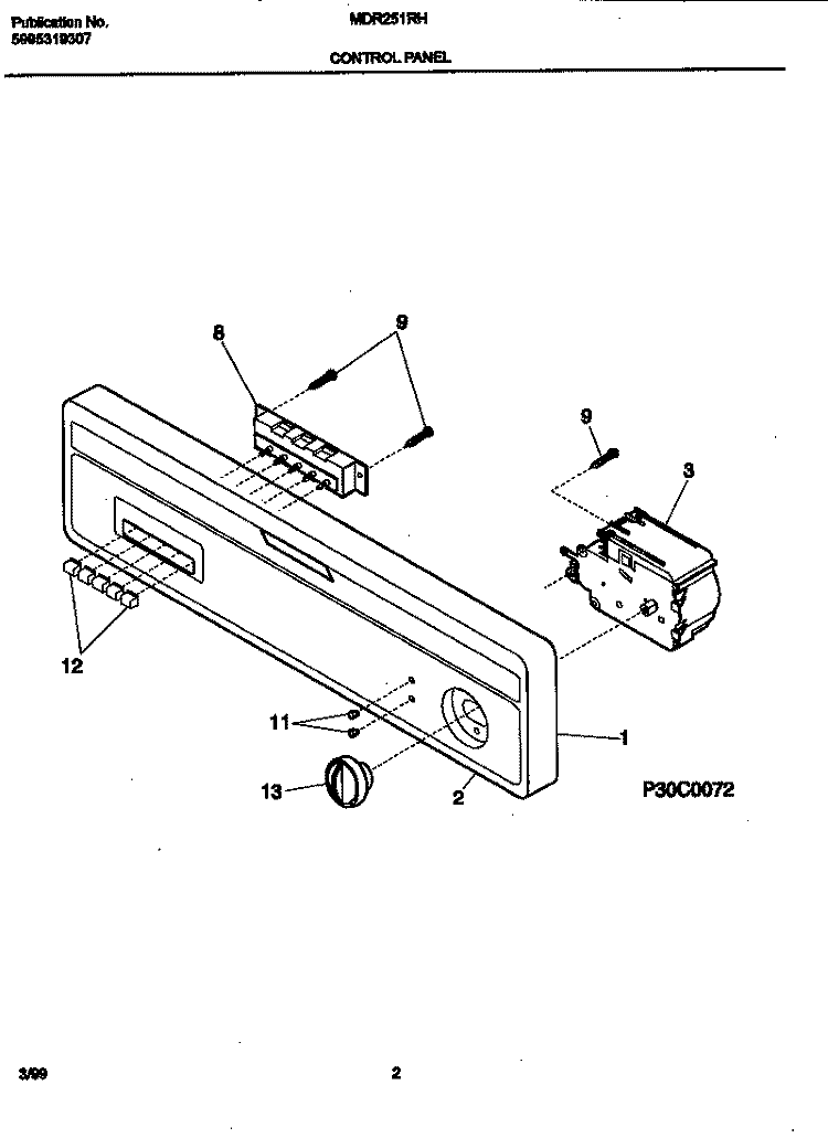 CONTROL PANEL Diagram and Parts List for MDR251RHR0  Frigidaire Dishwasher