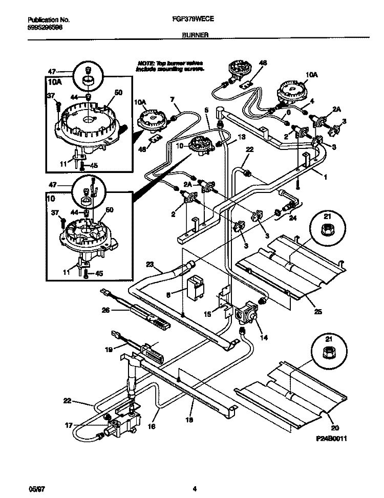 BURNER Diagram and Parts List for FGF379WECE  Frigidaire Range