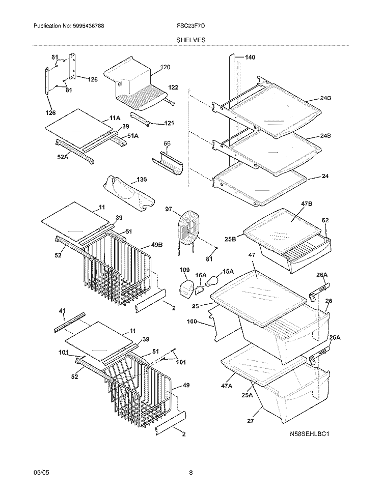 SHELVES Diagram and Parts List for FSC23F7DW5  Frigidaire Refrigerator