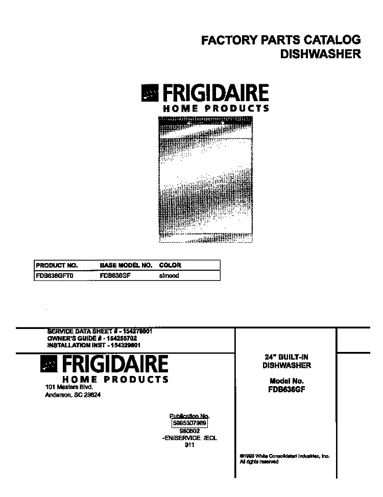 COVER Diagram and Parts List for FDB636GFT0  Frigidaire Dishwasher