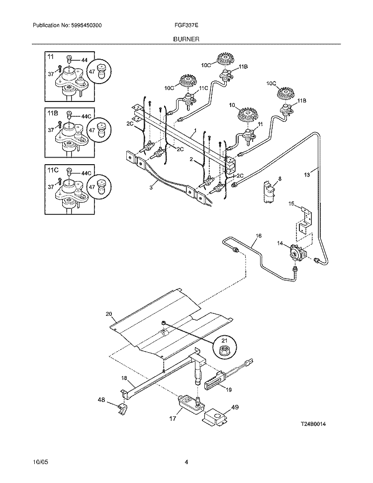 BURNER Diagram and Parts List for FGF337EBC  Frigidaire Range