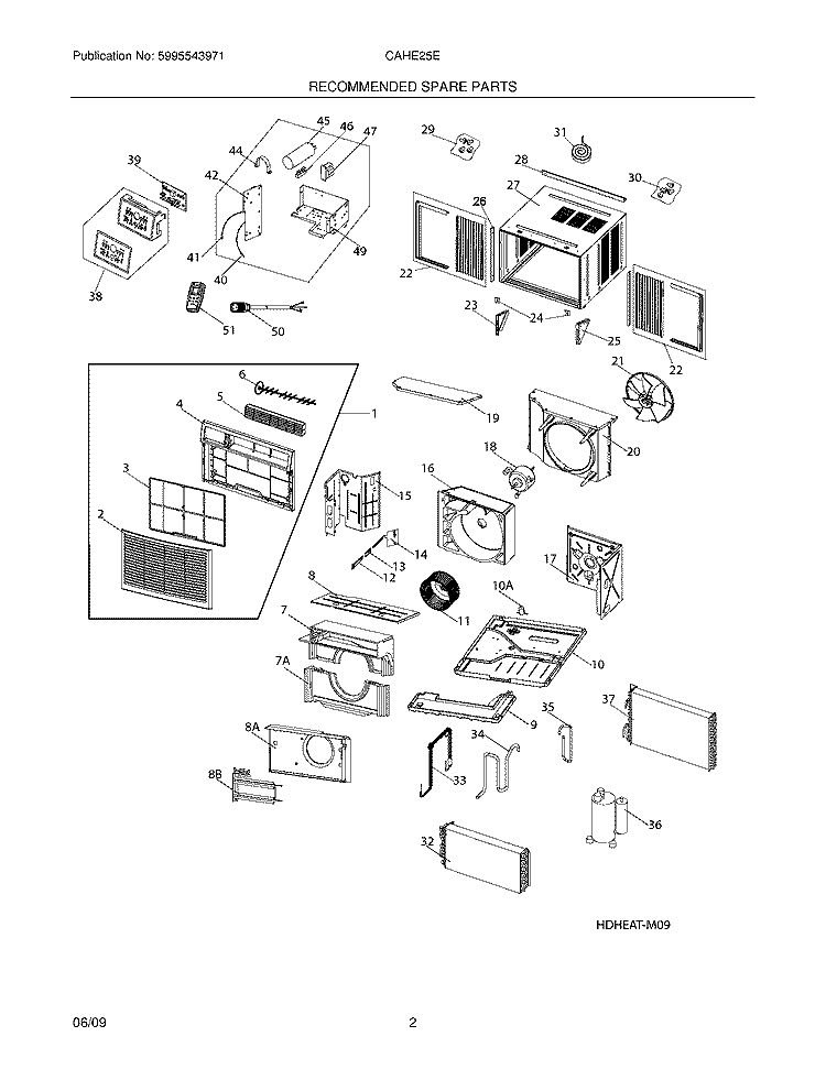 RECOMMENDED SPARE PARTS Diagram and Parts List for CAHE25ERA  Crosley Air Conditioner