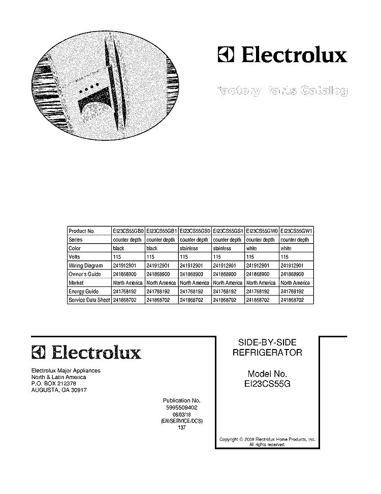 COVER Diagram and Parts List for EI23CS55GS1  Electrolux Refrigerator