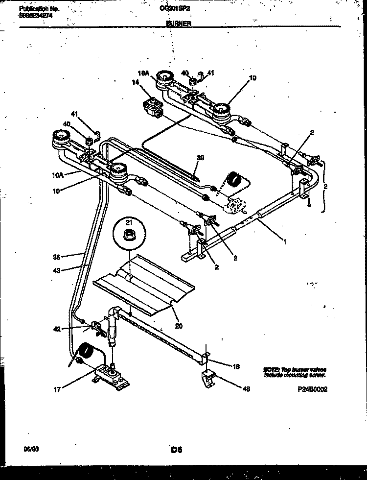 BURNER PARTS Diagram and Parts List for CG301SP2W3  Frigidaire Range