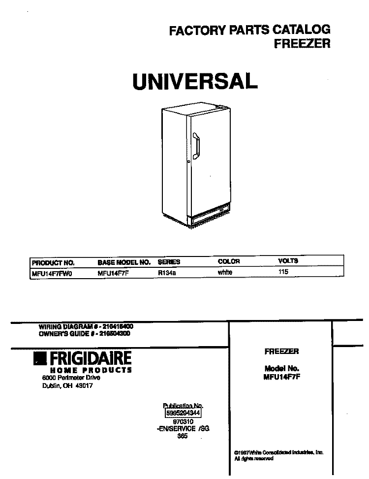 COVER Diagram and Parts List for MFU14F7FW0  Frigidaire Freezer