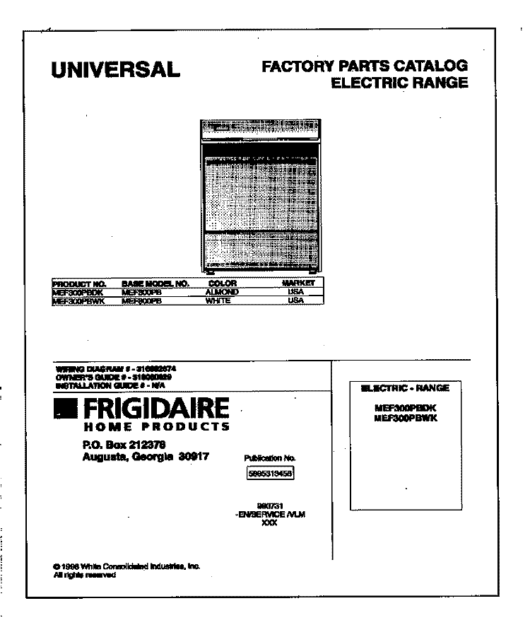 COVER Diagram and Parts List for MEF300PBDK  Frigidaire Range