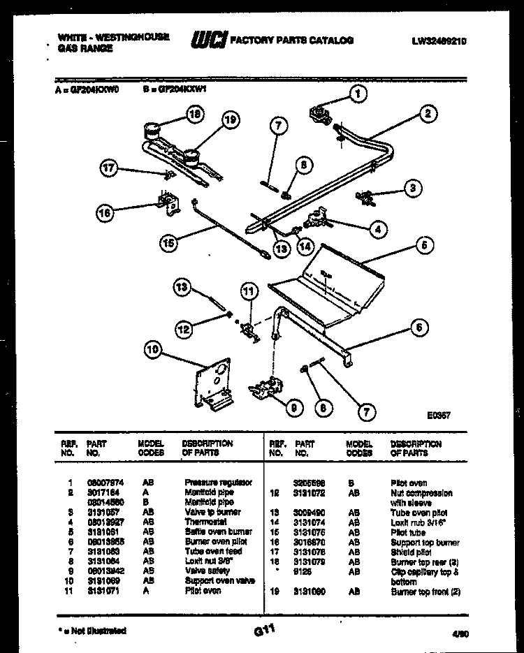 BURNER, MANIFOLD AND GAS CONTROL Diagram and Parts List for GF204KXD1  Frigidaire Range