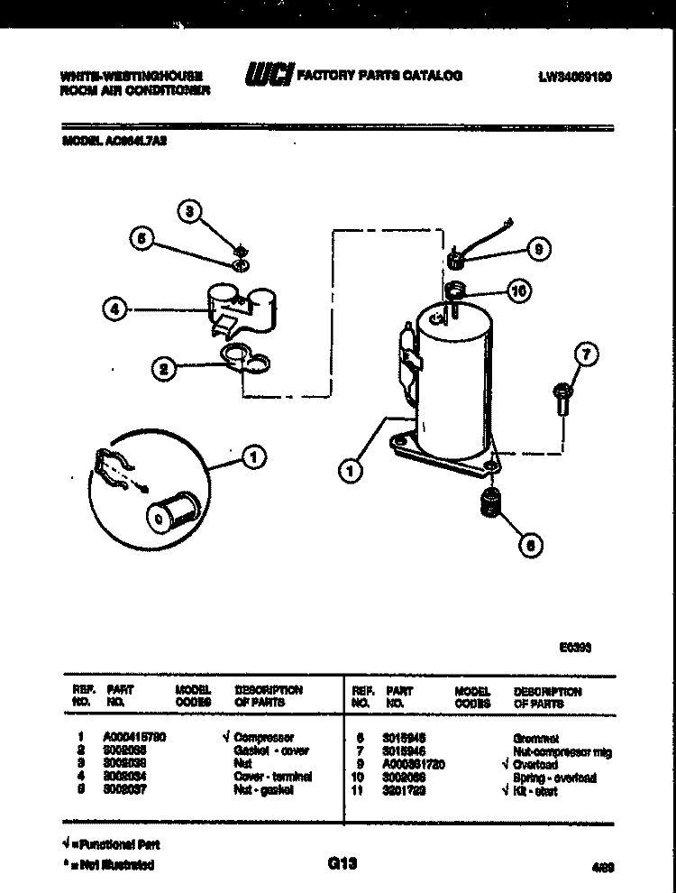 COMPRESSOR PARTS Diagram and Parts List for AC064L7A2  Frigidaire Air Conditioner