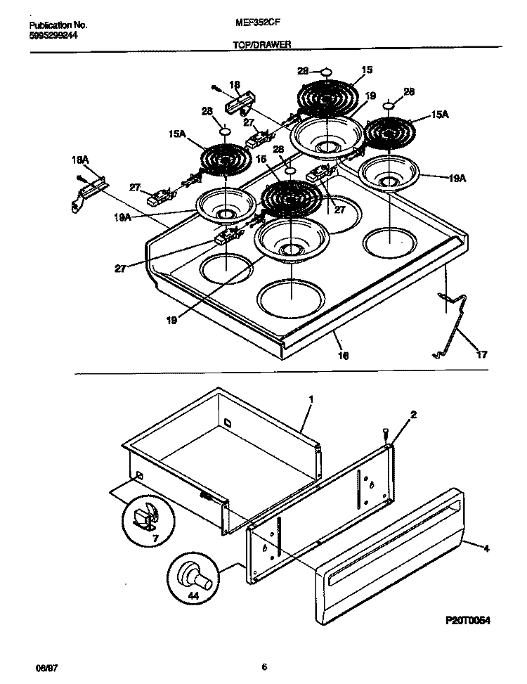 TOP / DRAWER Diagram and Parts List for MEF352CFSA  Frigidaire Range