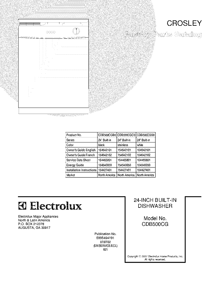 COVER Diagram and Parts List for CDB500CGB0  Crosley Dishwasher