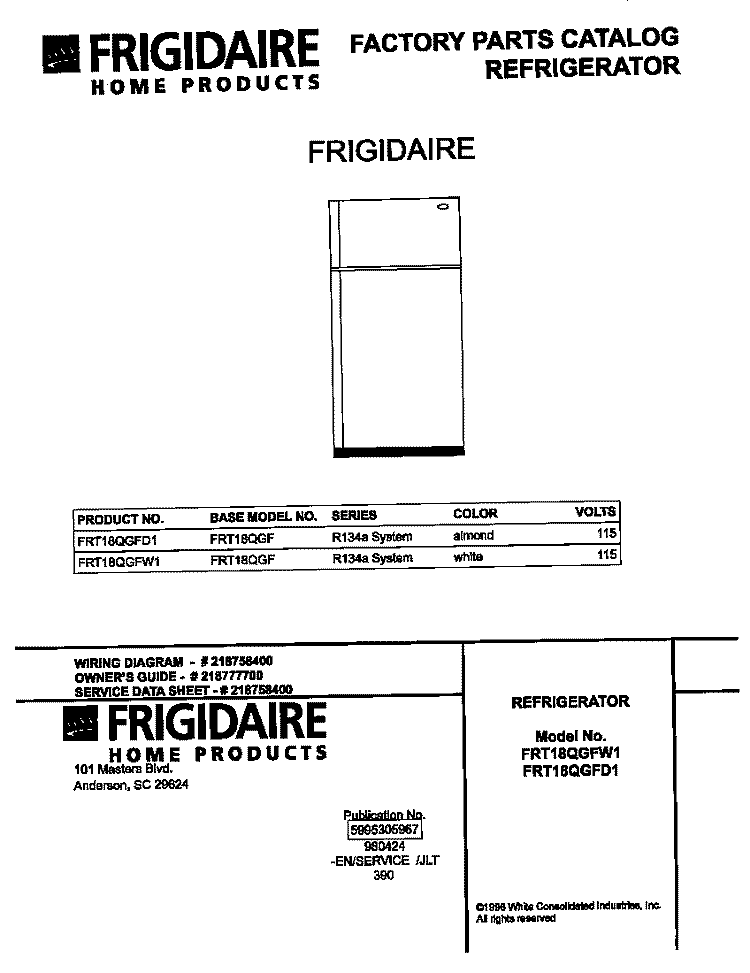 COVER Diagram and Parts List for FRT18QGFD1  Frigidaire Refrigerator