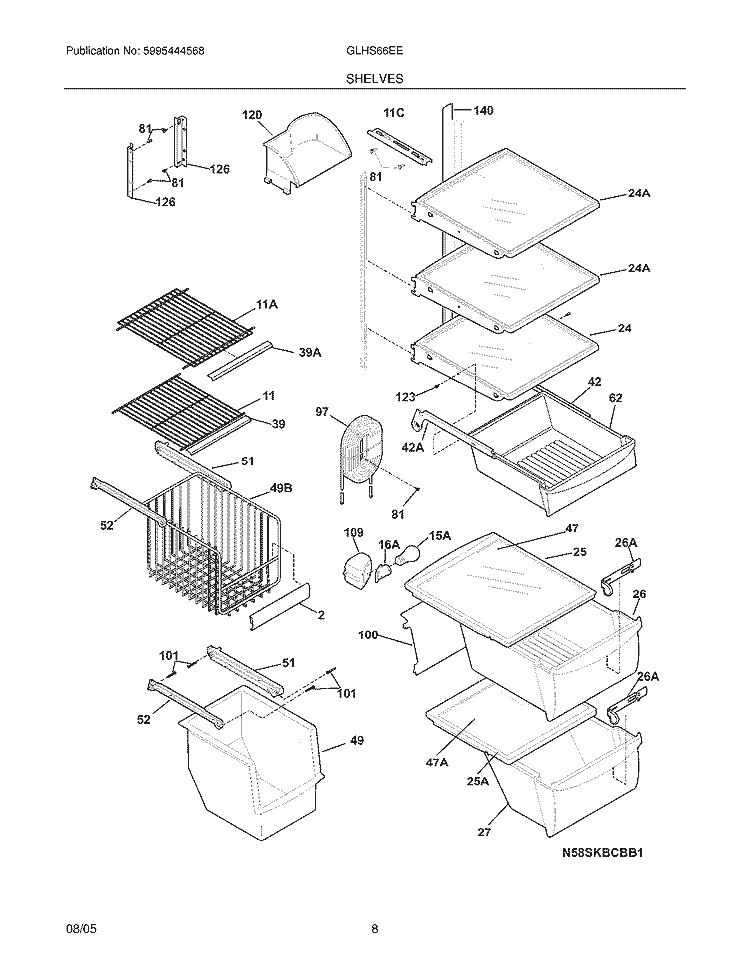 SHELVES Diagram and Parts List for GLHS66EEQ5  Frigidaire Refrigerator
