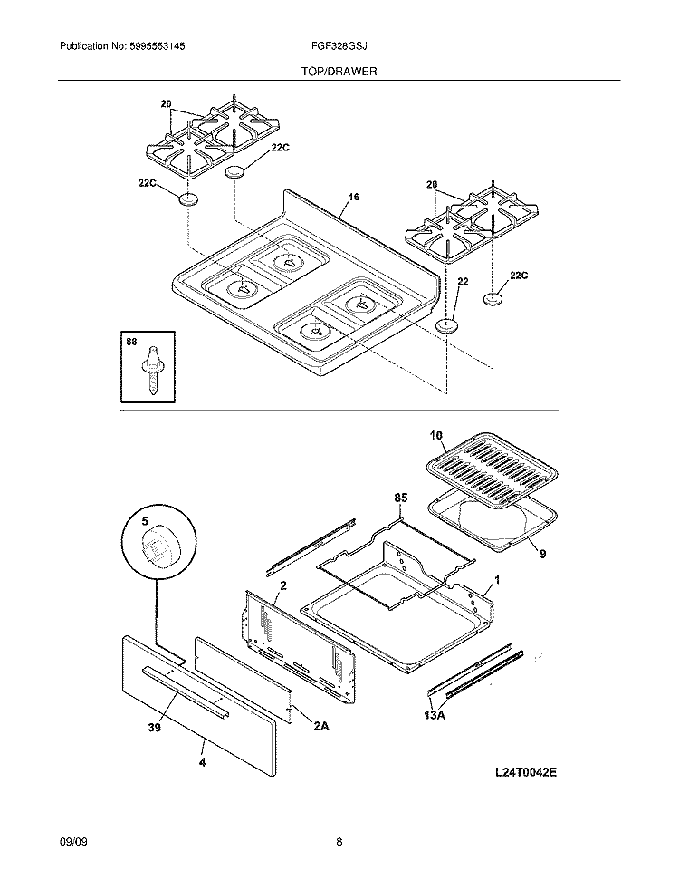 TOP/DRAWER Diagram and Parts List for FGF328GSJ  Frigidaire Range
