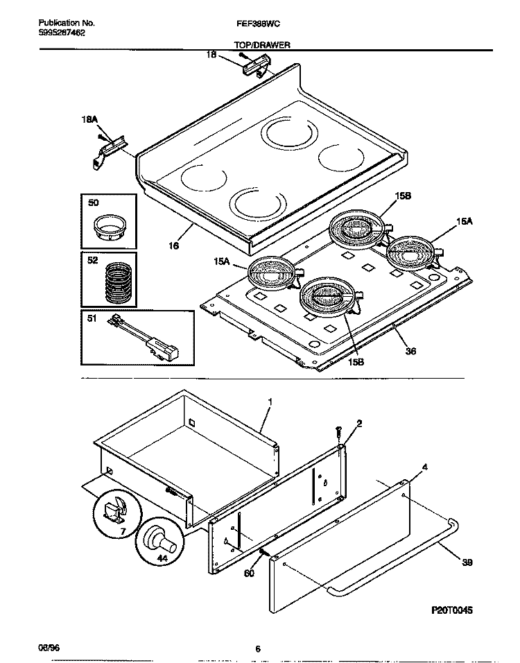 TOP / DRAWER Diagram and Parts List for FEF388WCCE  Frigidaire Range