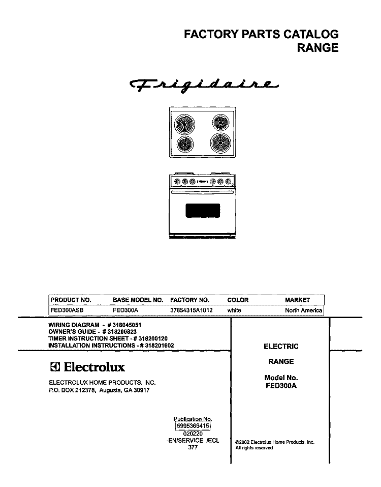 COVER Diagram and Parts List for FED300ASB  Frigidaire Range