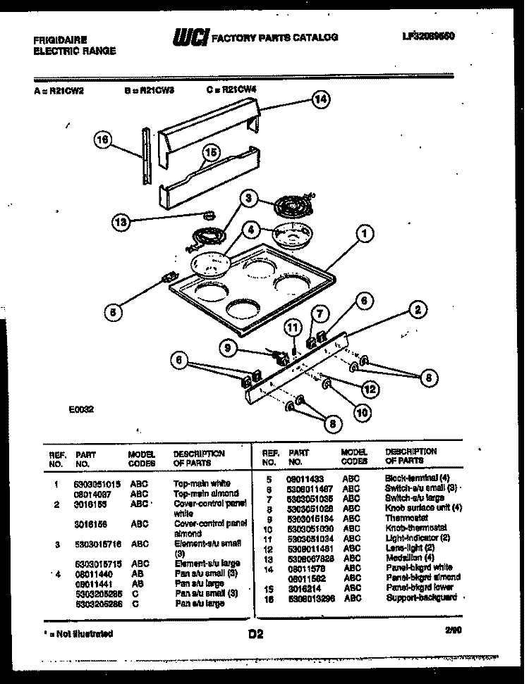BACKGUARD AND COOKTOP PARTS Diagram and Parts List for R21CL4  Frigidaire Range