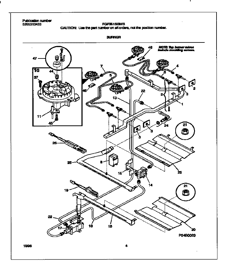 BURNER Diagram and Parts List for FGF351SGWB  Frigidaire Range