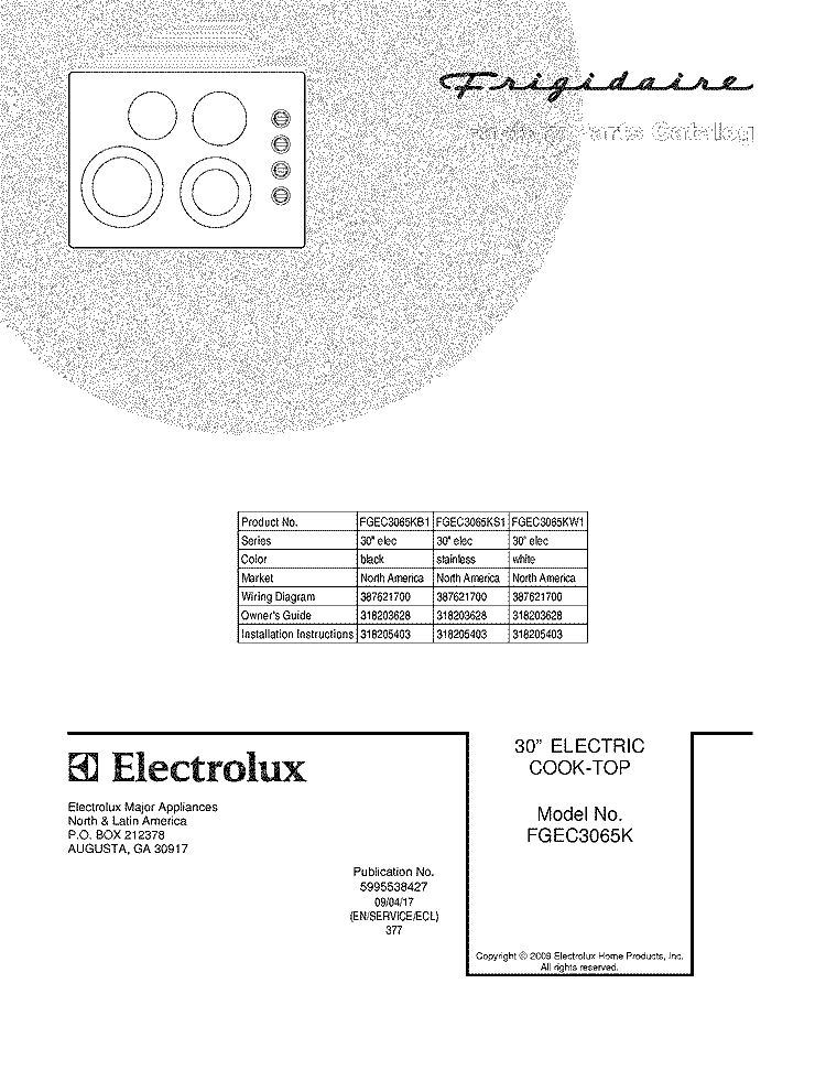 COVER Diagram and Parts List for FGEC3065KW1  Frigidaire Cooktop