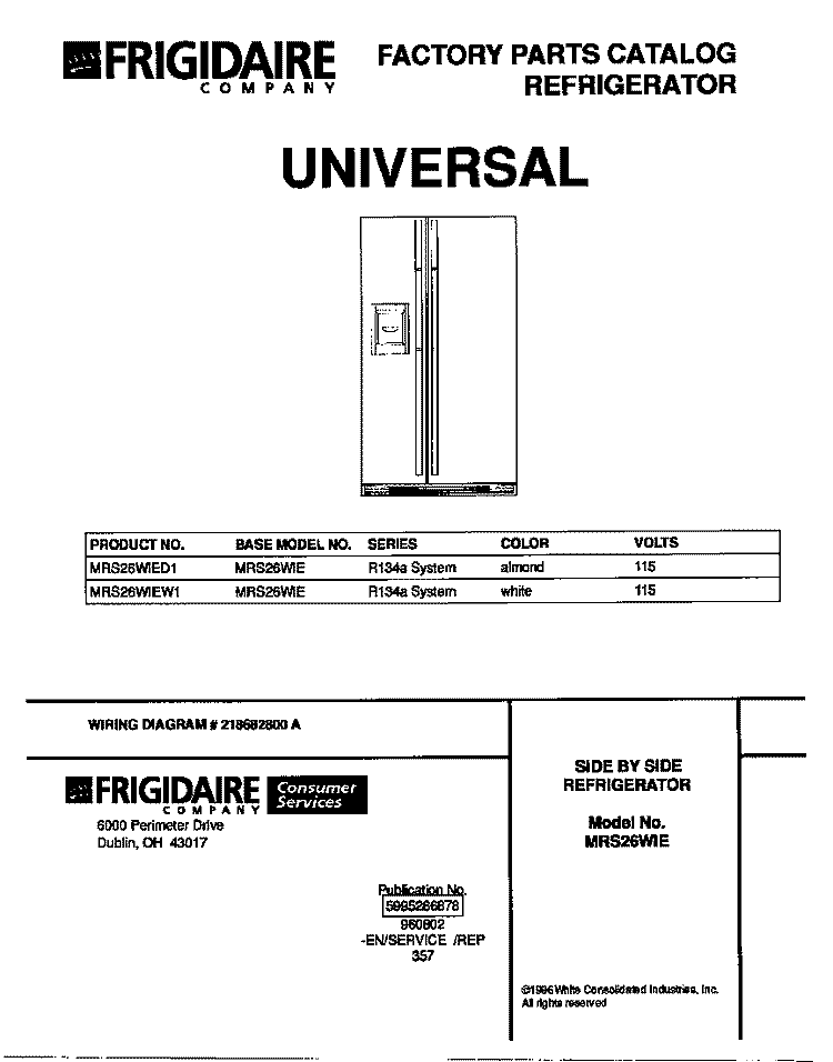COVER Diagram and Parts List for MRS26WIED1  Frigidaire Refrigerator