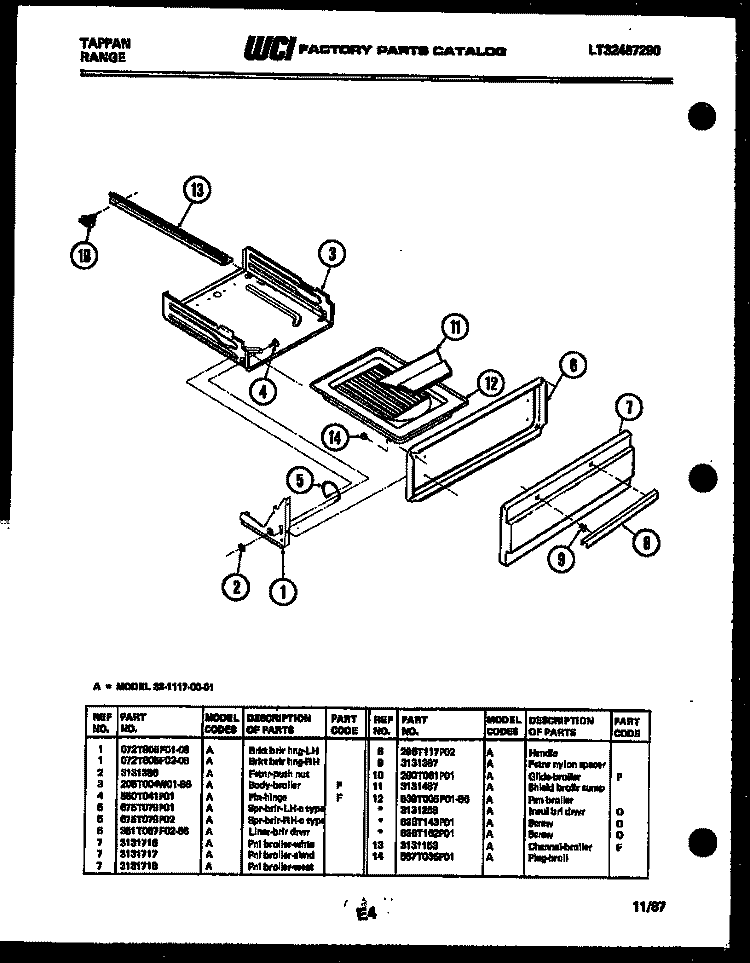 BROILER DRAWER PARTS Diagram and Parts List for 32-1117-00-01  Tappan Range