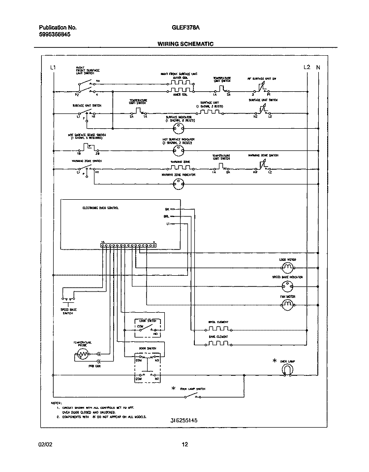 WIRING SCHEMATIC Diagram and Parts List for GLEF378AQE  Frigidaire Range