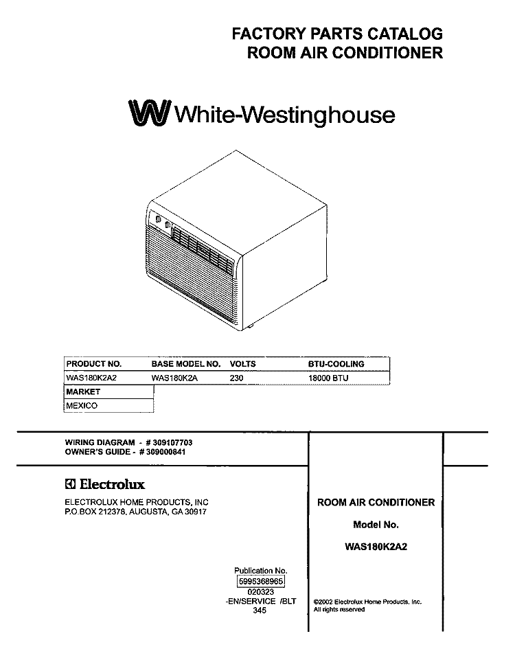 COVER Diagram and Parts List for WAS180K2A2  Westinghouse Air Conditioner