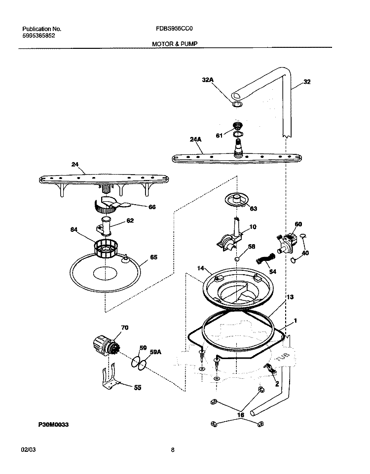 MOTOR & PUMP Diagram and Parts List for FDBS956CC0  Frigidaire Dishwasher