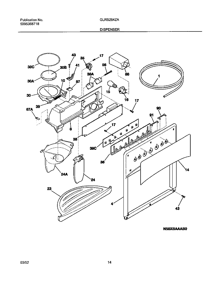 ICE & WATER DISPENSER Diagram and Parts List for GLRS264ZAW3  Frigidaire Refrigerator