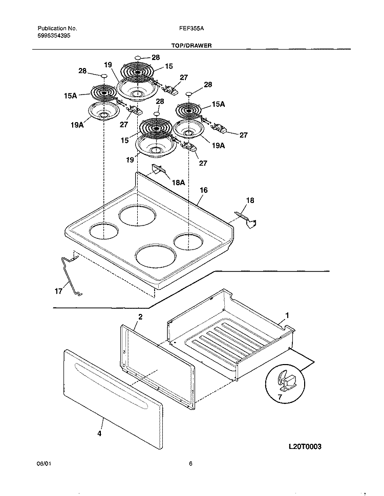 TOP / DRAWER Diagram and Parts List for FEF355AUA  Frigidaire Range